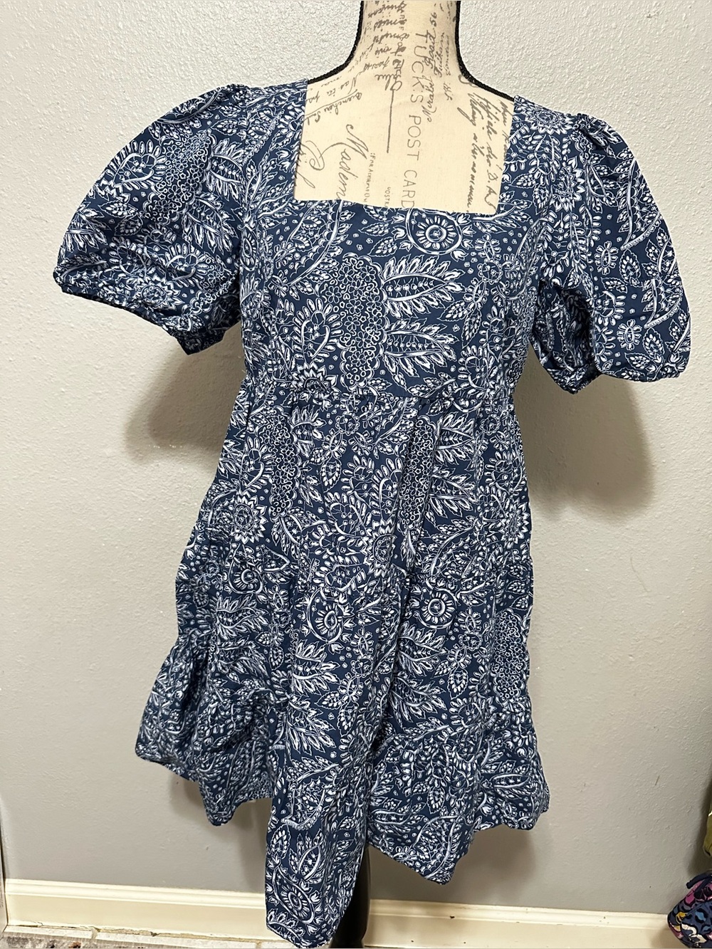 Madewell Blue Paisley Cotton Mini Dress Puff Sleeve Square Neck Size 8 boho